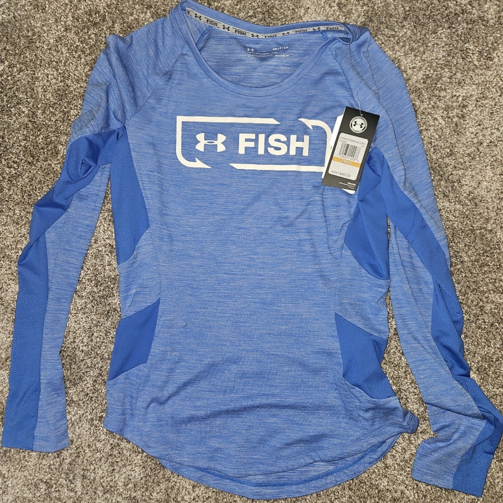 NWT Under Armour Fish Heather Blue Performance Top